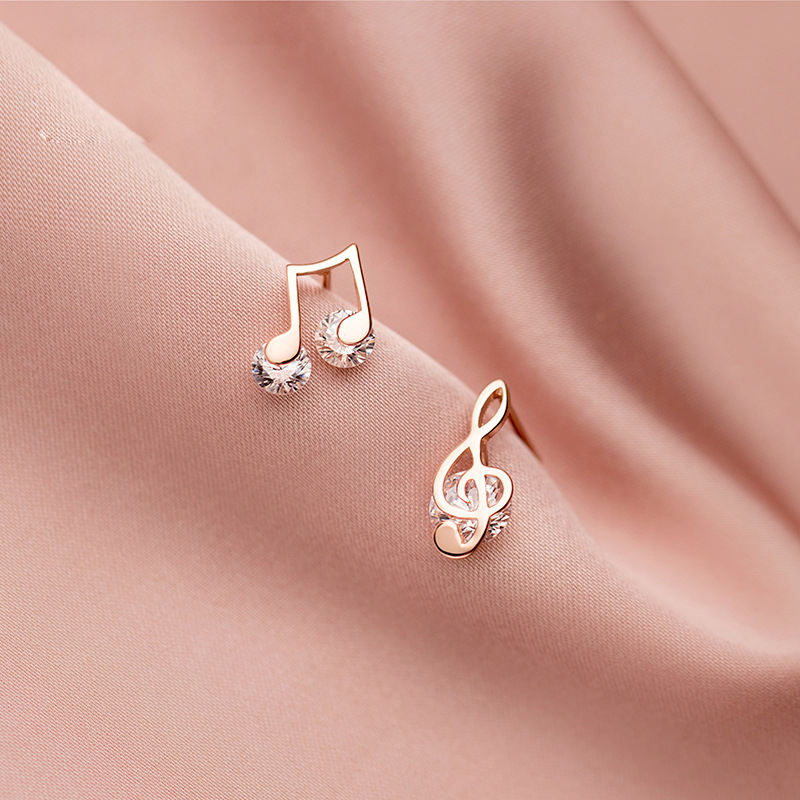 925 Sterling Silver Sweet Asymmetric Music Note CZ Stud Earrings