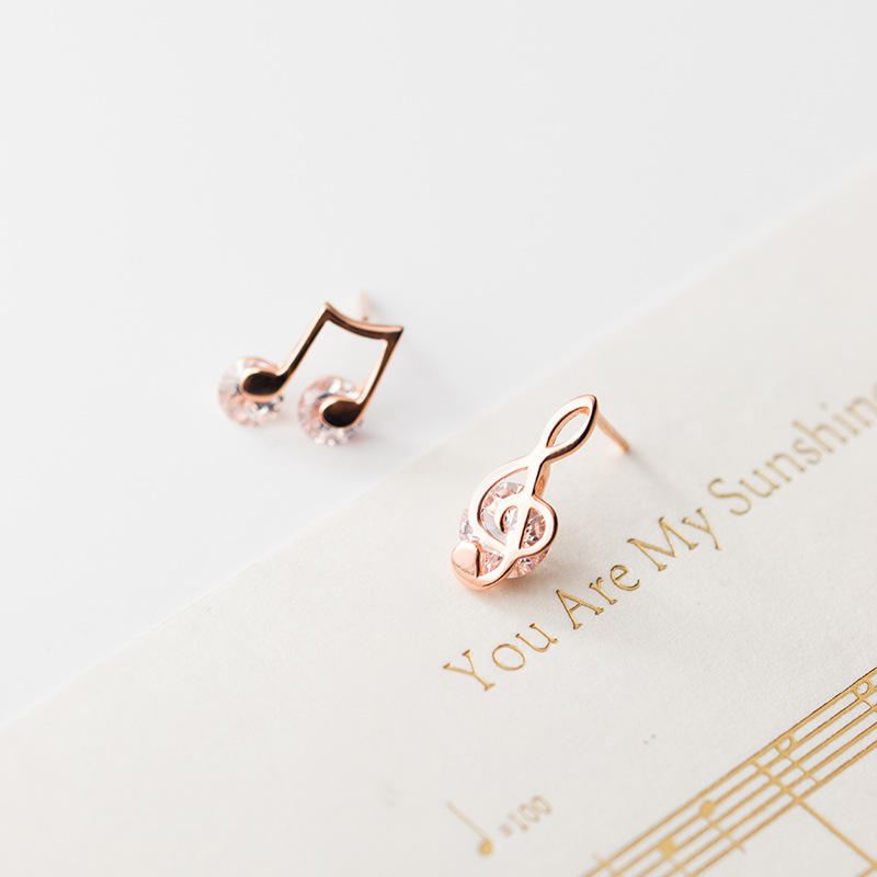 925 Sterling Silver Sweet Asymmetric Music Note CZ Stud Earrings
