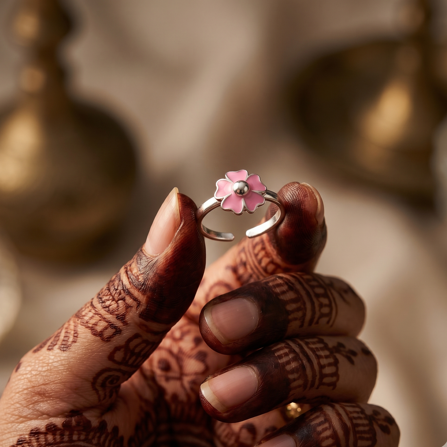Adjustable Sterling Silver Pink Floral Toe Ring | 925 Silver