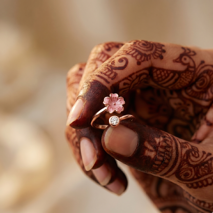 Adjustable Rose Gold Cherry Blossom & CZ Toe Ring | S925 Sterling Silver