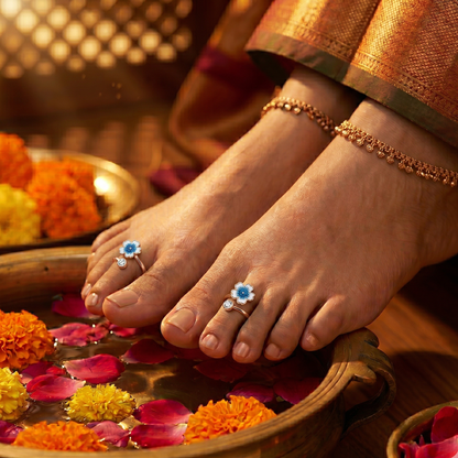 Adjustable Rose Gold Blue Cherry Blossom Toe Ring | 925 Silver