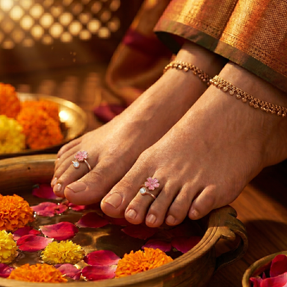Adjustable Rose Gold Cherry Blossom & CZ Toe Ring | S925 Sterling Silver