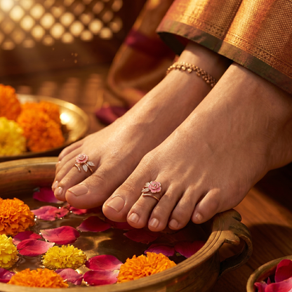 Adjustable Rose Gold Pink Rose Toe Ring | 925 Silver
