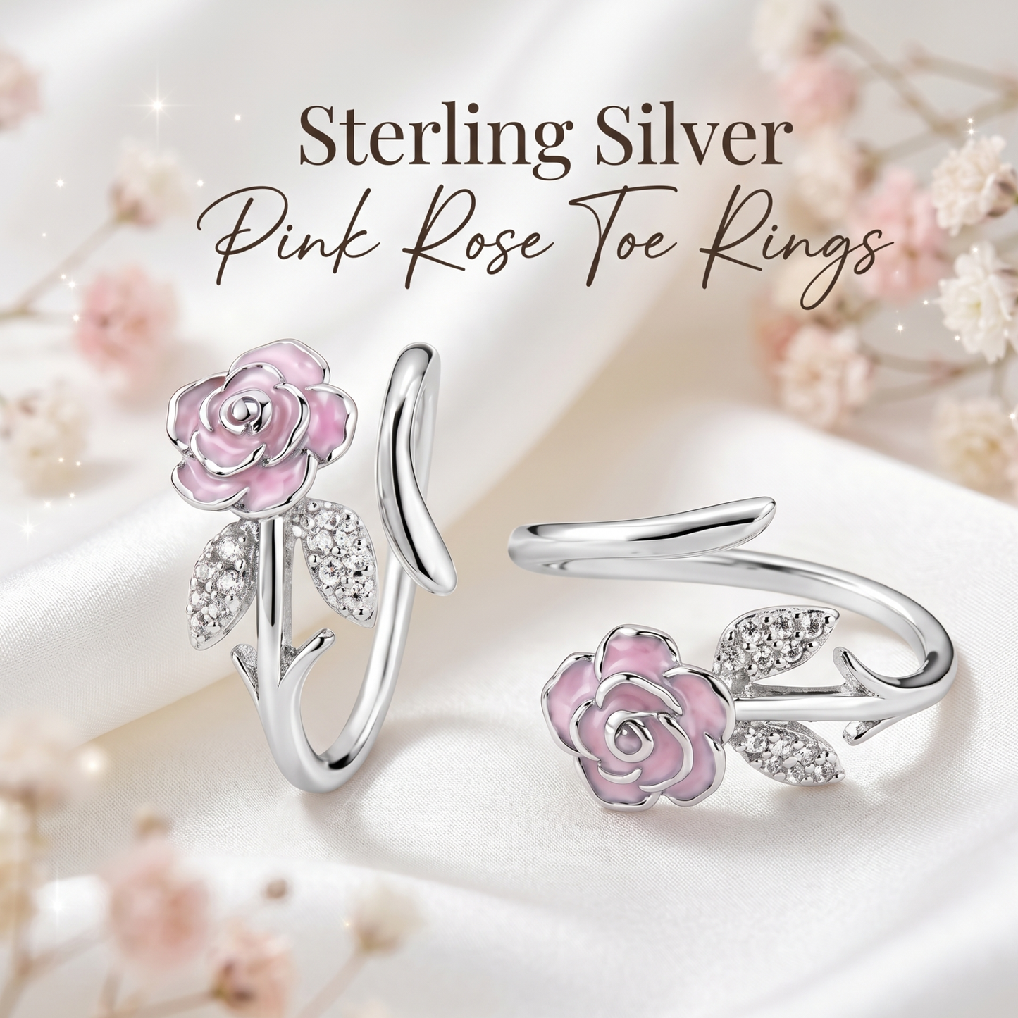 Adjustable Sterling Silver Pink Rose Toe Ring