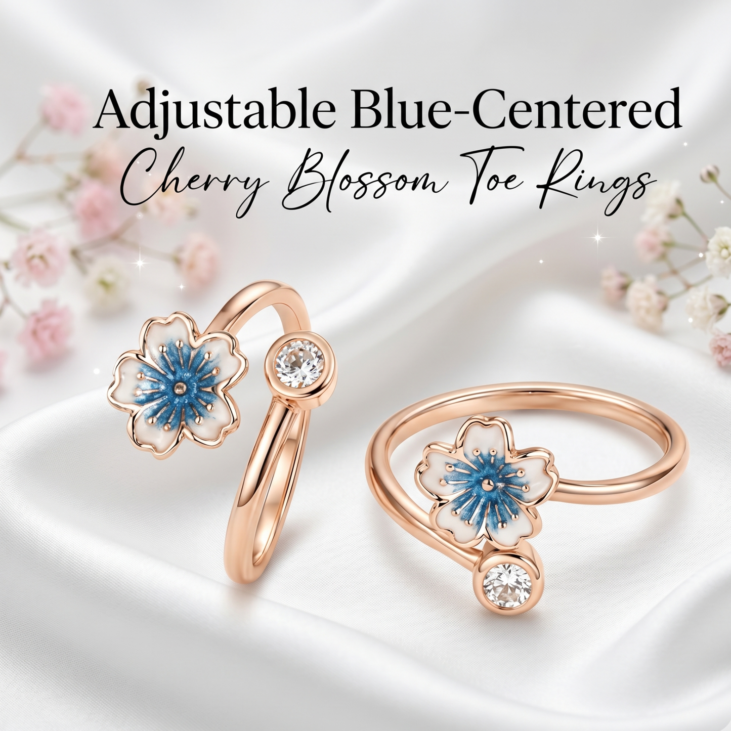 Adjustable Rose Gold Blue Cherry Blossom Toe Ring | 925 Silver