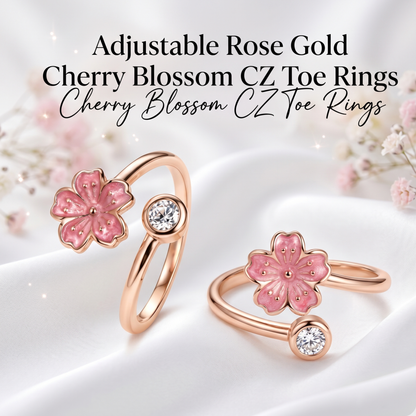 Adjustable Rose Gold Cherry Blossom & CZ Toe Ring | S925 Sterling Silver