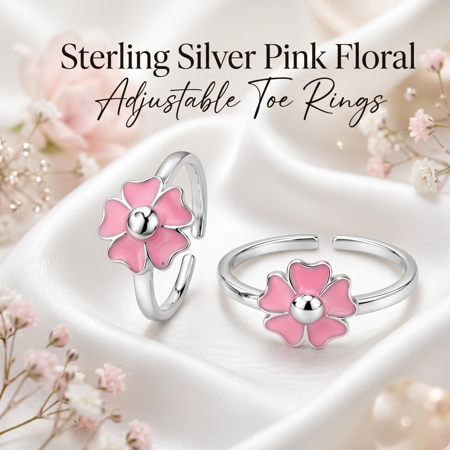 Adjustable Sterling Silver Pink Floral Toe Ring | 925 Silver