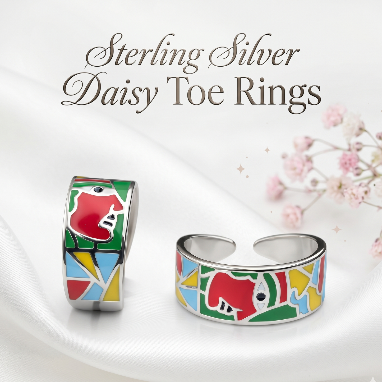 Abstract Persona" 925 Silver Enamel Toe Ring – Geometric Art Deco Style Adjustable Band