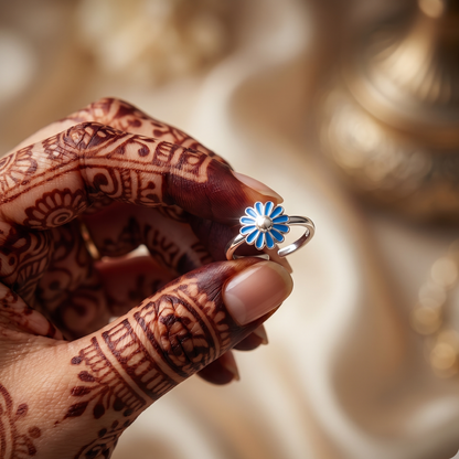 Adjustable Sterling Silver Blue Daisy Toe Ring | 925 Silver