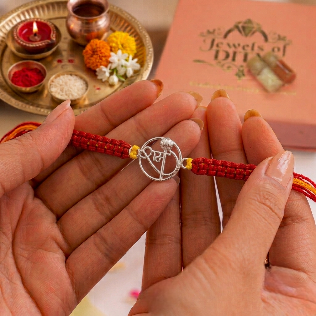925 Sterling Silver Shri Ram Gada Rakhi | Devotional Silver Thread Bracelet for Brother