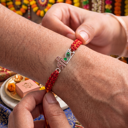 925 Sterling Silver Shree Peacock Feather Enamel Rakhi | Handcrafted Silver Thread Bracelet for Brother