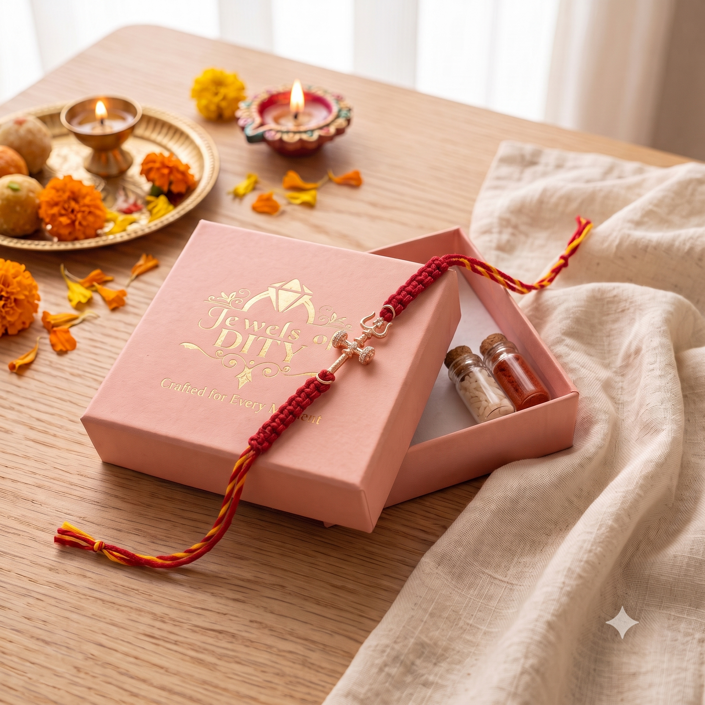 Rose Gold Plated 925 Silver Trishul Damru Rakhi | CZ Studded Silver Thread Bracelet
