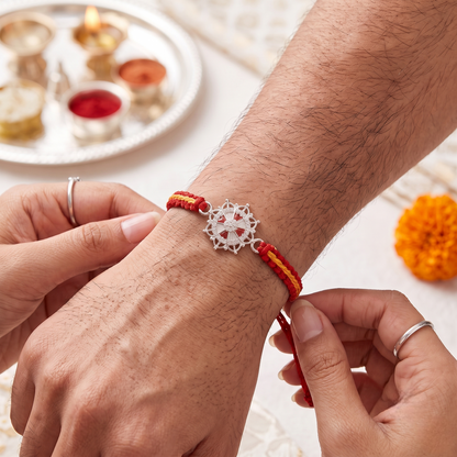 925 Sterling Silver Floral Mandala CZ Rakhi | Handcrafted Silver Thread Bracelet