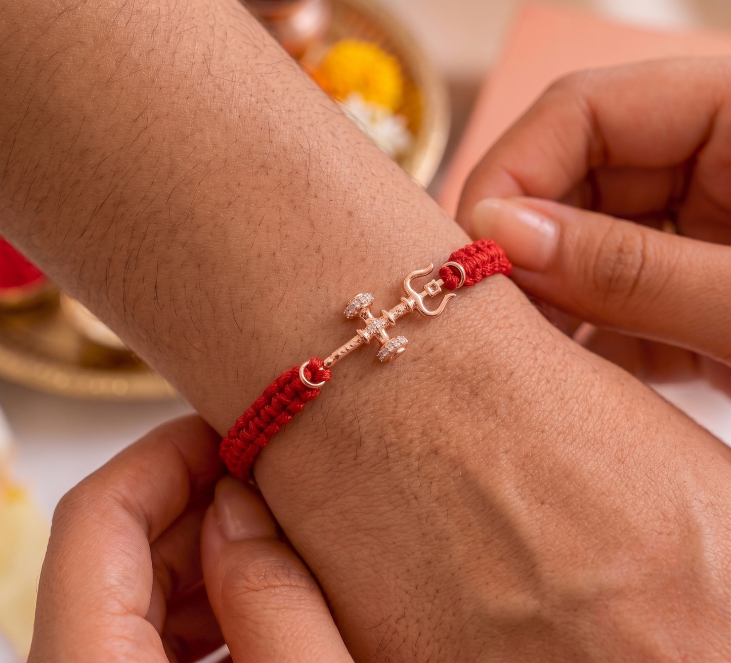 Rose Gold Plated 925 Silver Trishul Damru Rakhi | CZ Studded Silver Thread Bracelet