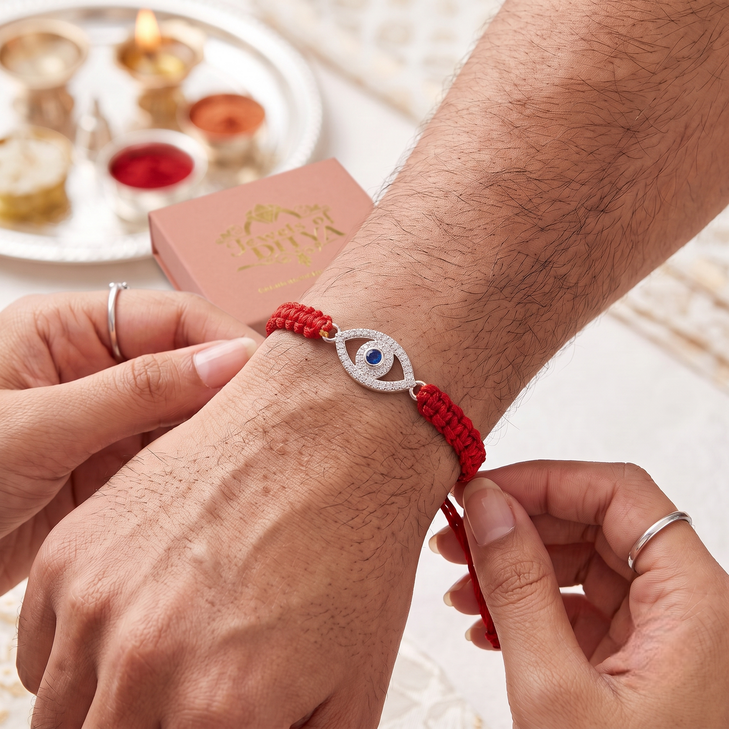 925 Sterling Silver CZ Evil Eye Rakhi for Brother | Protective Silver Thread Bracelet
