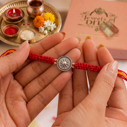 Oxidized 925 Sterling Silver Sunburst Rakhi | Vintage Handcrafted Silver Thread Bracelet