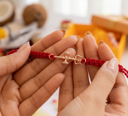 Rose Gold Plated 925 Silver Trishul Damru Rakhi | CZ Studded Silver Thread Bracelet
