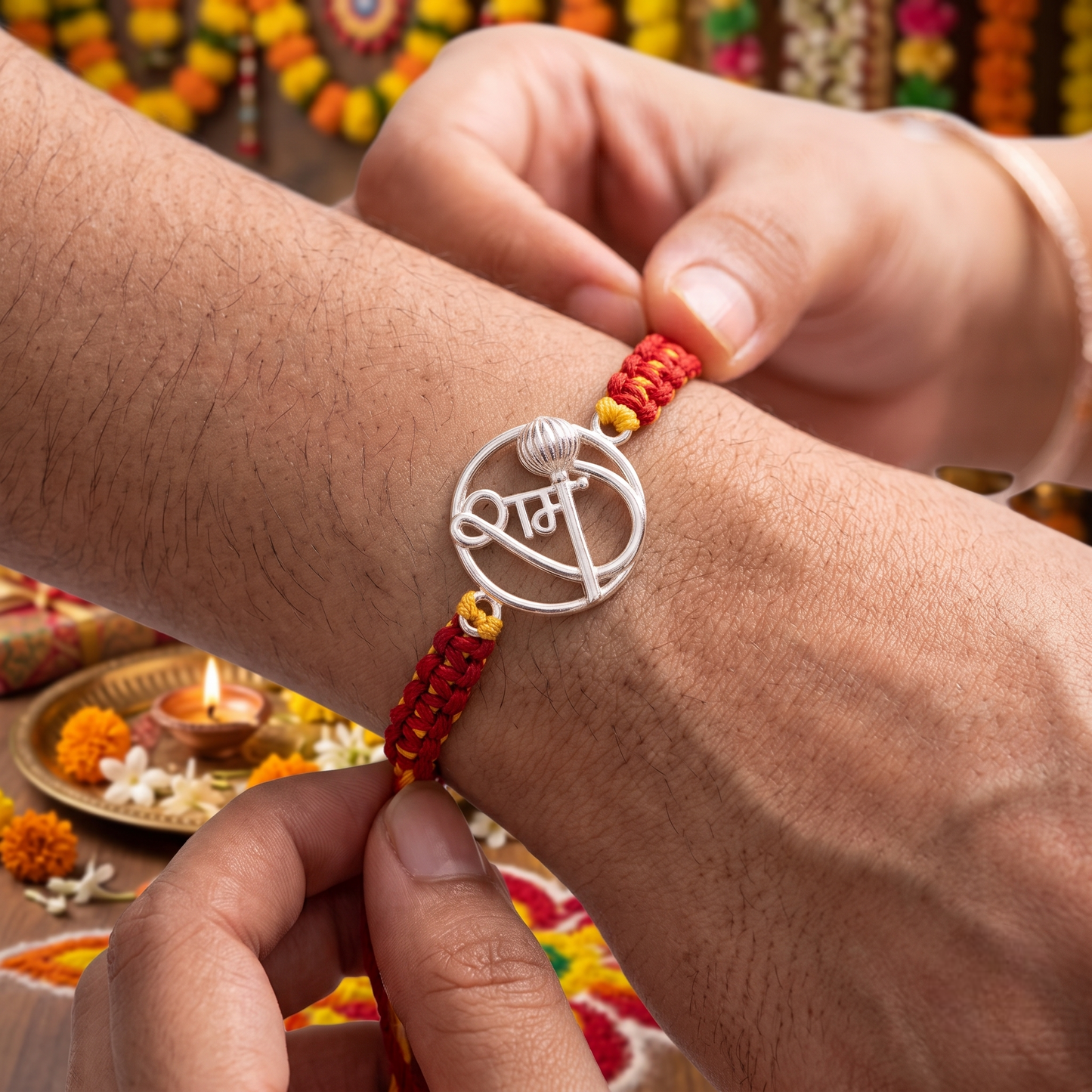 925 Sterling Silver Shri Ram Gada Rakhi | Devotional Silver Thread Bracelet for Brother
