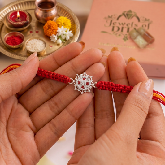 925 Sterling Silver Floral Mandala CZ Rakhi | Handcrafted Silver Thread Bracelet