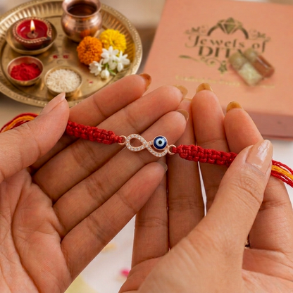 Rose Gold Plated 925 Silver Infinity Evil Eye Rakhi | CZ Protective Silver Bracelet