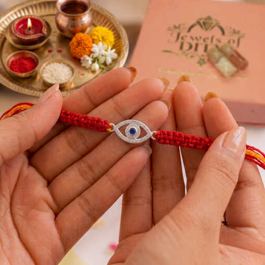 925 Sterling Silver CZ Evil Eye Rakhi for Brother | Protective Silver Thread Bracelet