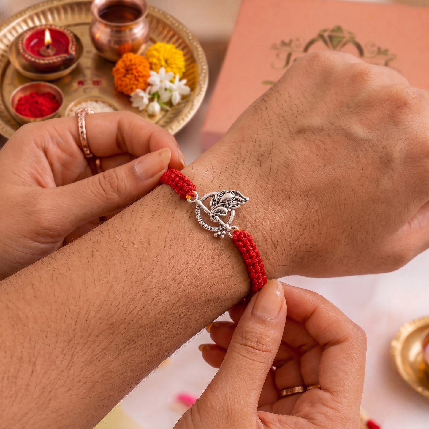 925 Sterling Silver Feather Leaf Rakhi | Vintage Handcrafted Silver Thread Bracelet