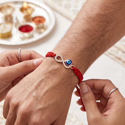Rose Gold Plated 925 Silver Infinity Evil Eye Rakhi | CZ Protective Silver Bracelet
