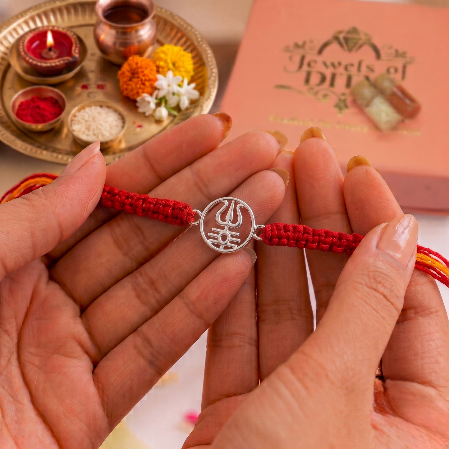 Trishul Tripundra Rakhi for Brother | Divine Shiva Silver Thread Bracelet