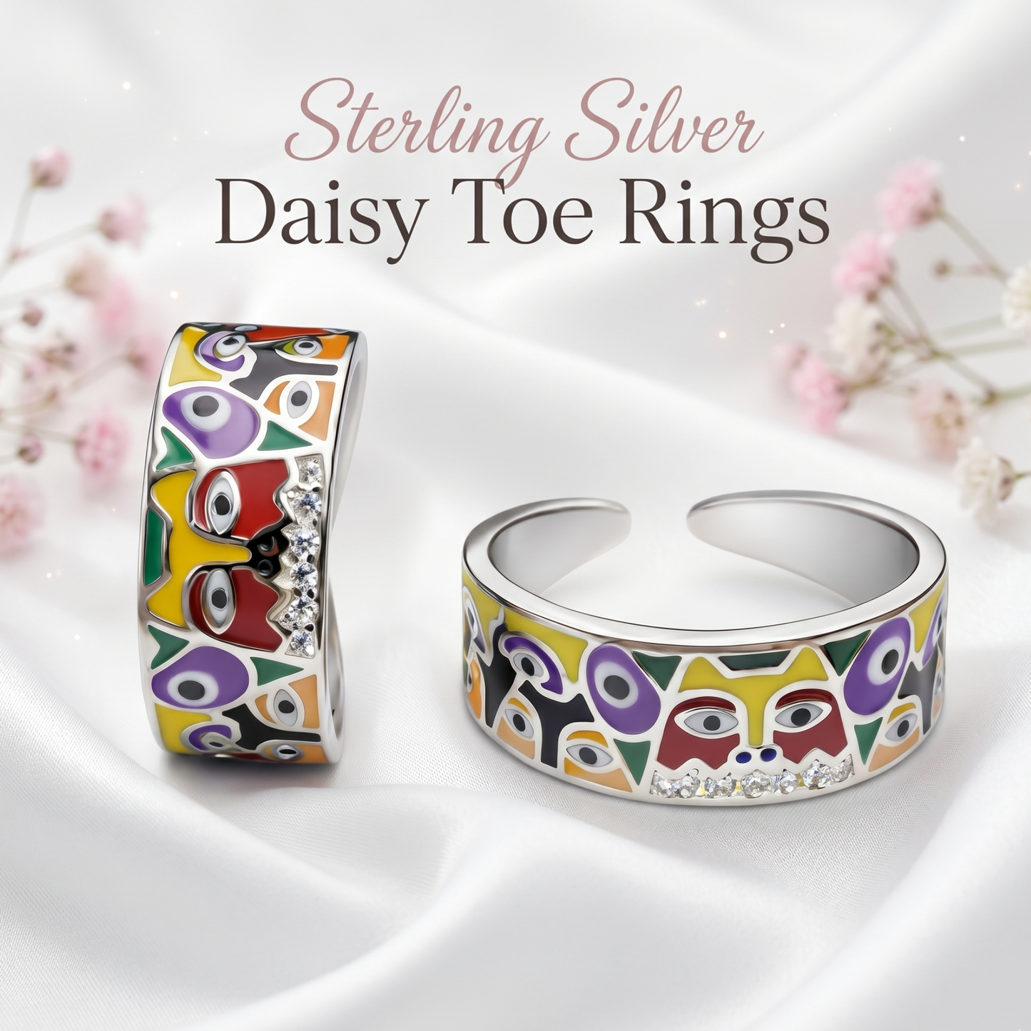 925 Sterling Silver "The Muse" Handcrafted Enamel Toe Ring – Adjustable Cubist Art Jewelry