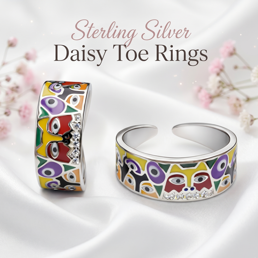 925 Sterling Silver "The Muse" Handcrafted Enamel Toe Ring – Adjustable Cubist Art Jewelry