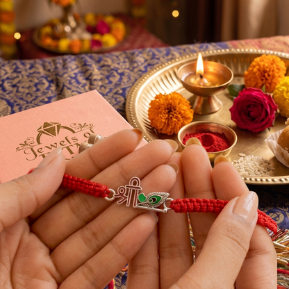 925 Sterling Silver Shree Peacock Feather Enamel Rakhi | Handcrafted Silver Thread Bracelet for Brother