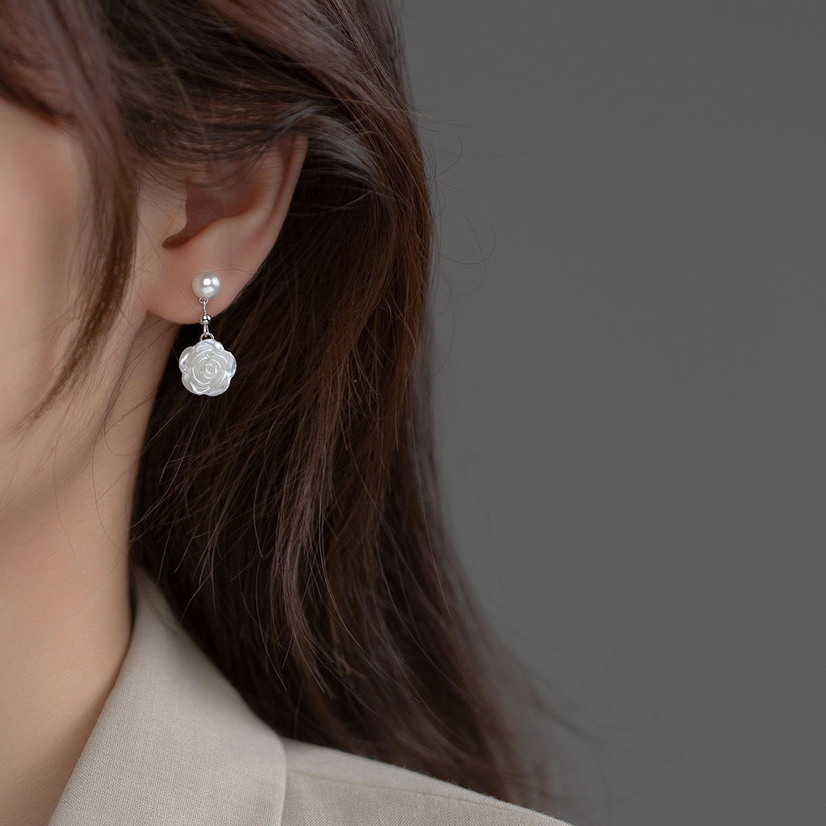 925 Sterling Silver Pearl Camellia Flower Earrings – Elegant Floral Studs