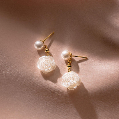 925 Sterling Silver Pearl Camellia Flower Earrings – Elegant Floral Studs