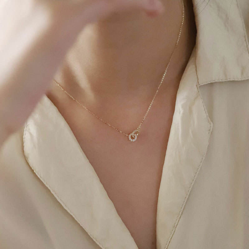 14K Gold Plated Double Ring Pendant | Interlocking Hearts & Circles