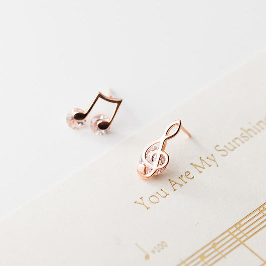 925 Sterling Silver Sweet Asymmetric Music Note CZ Stud Earrings